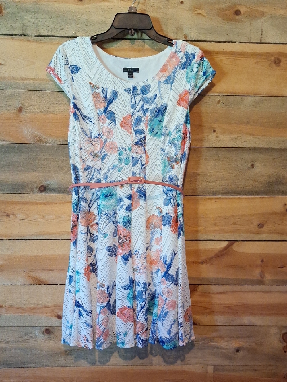 R&K White Lace Dress with Blue & Coral Floral Print